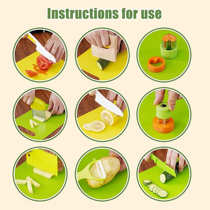 Montessori Kitchen Tools for Toddlers Cooking, Wooden Kids Kitchen Knife Set Include Plastic Toddler Safe Knives, Apron Set, Cutting Board, Sandwich Cutter, Y Peeler, Crinkle Cutter