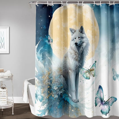 AILONEN 3D Printed Wolf Shower Curtain, Watercolor Floral Wolf Bath Curtain for Boys Girls Kids,Modern Minimalist White Waterproof Fabric Shower Curtain 72" W*96" H