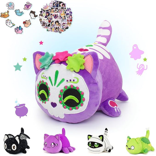 69-PCS 丨 11-inches Purple Sugar Skull Cat Plush +60-Sticker+ 8-Pcs Shoe Charms - Ghost Cat Collection - 100% Embroidered Plushie - Cat Stuffed Animal Collectible (Purple Sugar Skull Cat)