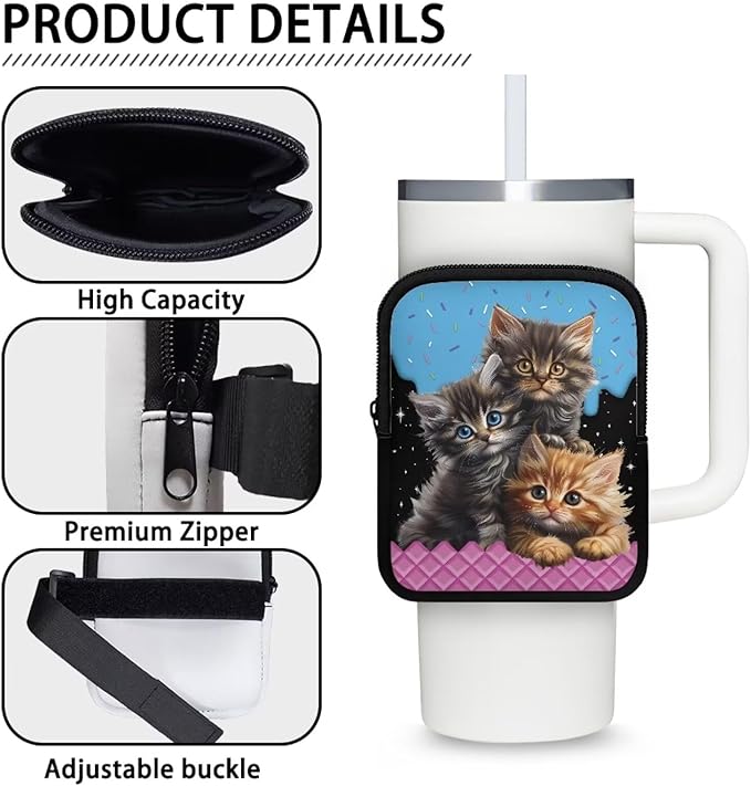 Cat Stanley Cup Pouch with Adjustable Strap Water Bottle Storage Bag 20oz-40oz IceFlow Tumbler Pouch for Stanley Accessories