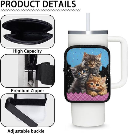 Cat Stanley Cup Pouch with Adjustable Strap Water Bottle Storage Bag 20oz-40oz IceFlow Tumbler Pouch for Stanley Accessories