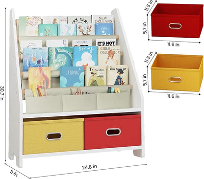 4 Tier Kids Book Shelf, Wooden Kids Book Rack, White Kids Bookshelf with Toy Storage Organizer, Toddler Sling Bookshelf for Boys, Girls, Kids Room, Red/Yellow
