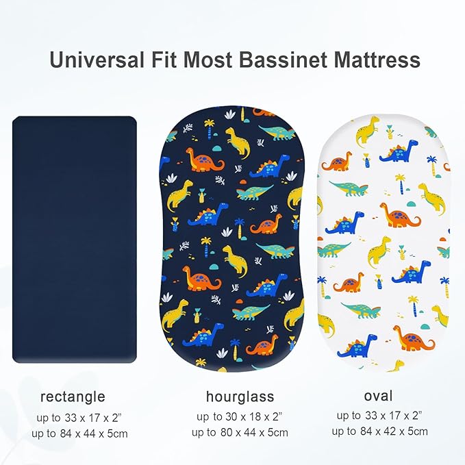 3 Pack Bassinet Sheets, Ultra Soft Breathable Comfortable Baby Sheet Set for Boys Girls Neutral, Univeral Fit for Most Cradle and Bassinet Mattress, Dinosaur