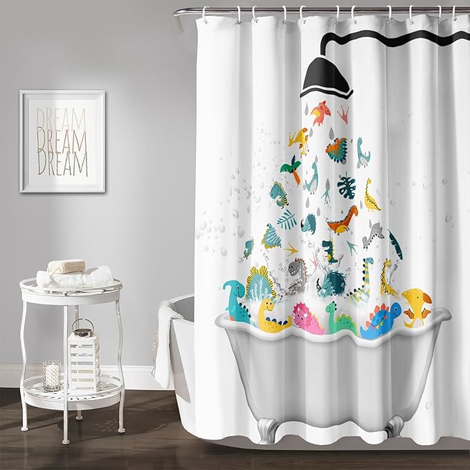 AILONEN Cute Dinosaur Shower Curtain for Kids 48" W*72" H Inch,Funny Dinosaur Animals Playing Water Shower Curtains,12 Pack Hooks Polyester Waterproof Fabric Decor for Bathroom Bathtub Panels
