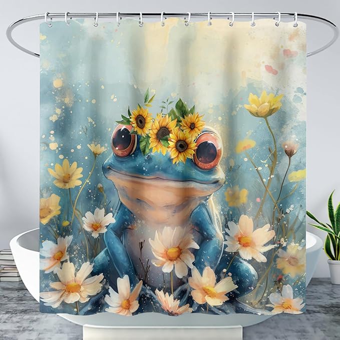AILONEN Cartoon Frog Shower Curtain,Blue Frog with Sunflowers Polyester Cloth Bath Curtain Set for Kids Boys Girls,Amphibious Animals Shower Curtains for Bathroom,72" W*96" H