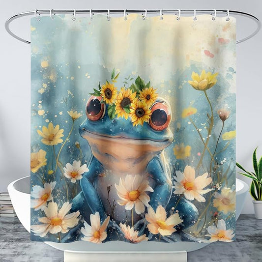 AILONEN Cartoon Frog Shower Curtain,Blue Frog with Sunflowers Polyester Cloth Bath Curtain Set for Kids Boys Girls,Amphibious Animals Shower Curtains for Bathroom,72" W*96" H