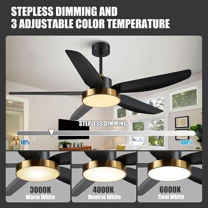 Modern Ceiling Fan with Light and Remote Control,56''Ceiling Fan with 3 Color Lights,Memory Function,5 Blades,6 Speeds,Outdoor Fan and Light for Living Room,Bedroom,Kitchen,Black Gold