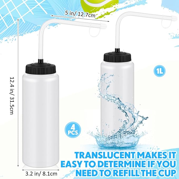 Domensi 4 Pack 1 Liter Sports Water Bottle W/Long Straw Hockey Lacrosse Water Bottle with Straw BPA Free Easy Squeeze Plastic Use W/Sport Helmet in Football Baseball Gym Yoga(Translucent)