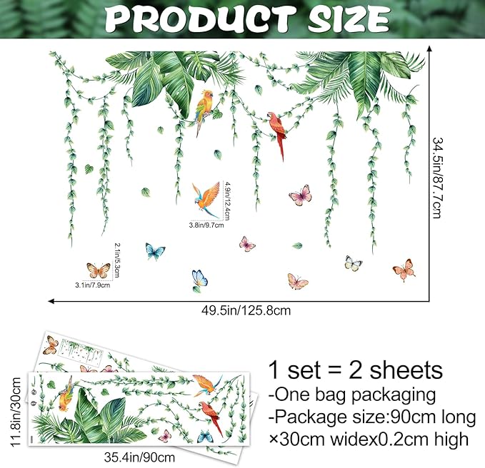 Removable Tropical Leaves Wall Decals Vinyl Hanging Vines Green Plants Wall Stickers Peel and Stick Jungle Safari Mural Art Decor for Nursery Classroom Bedroom Office Sofa Background