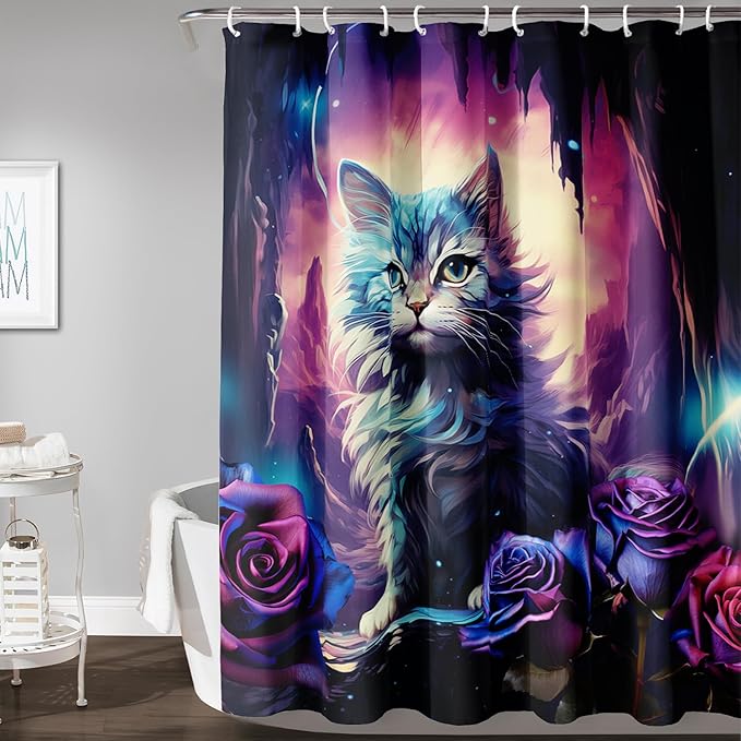 AILONEN Cool Cat Shower Curtains,Purple Rose Cat Bath Curtains for Bathroom Decor,Cave Cat Curtains for Kids,60" W*72" H Polyester Waterproof with 12 Plastic Hooks