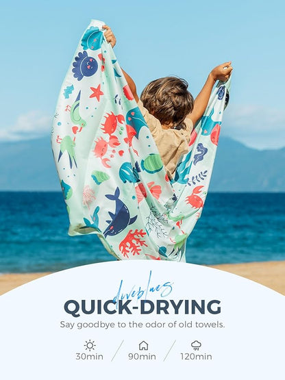 Kids Beach Towel 60''x30'', Quick Dry, Sand Free, Compact, Lightweight, Absorbent, Girls & Boys Large Microfiber Towels for Pool, Swim, Cruise Essentials, Turtle