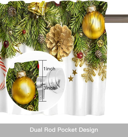 Christmas Kitchen Curtains Valances for Windows Pine Cones Rod Pocket Window Treatment for Kitchen/Living Room/Bedroom/Bathroom,42" X 12" -1 Panel, Golden Ornament Balls