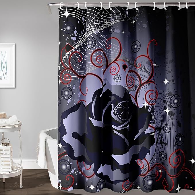 AILONEN Black Rose Shower Curtain for Women,Music Rose Bath Curtain for Bathroom Decor,Red and Black Art Polyester Waterproof for Girls with 12 Plastic Hooks,36" W*72" H Black