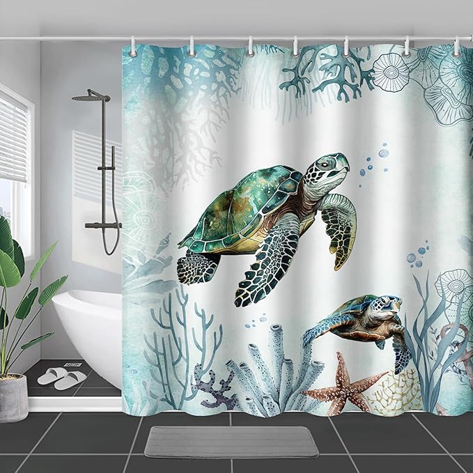 AILONEN Sea Turtle Shower Curtain for Bathroom Teal Blue Ocean Beach Coastal Bath Curtain Decor 36" W*72" H Polyester Fabric Waterproof Bathroom Curtain with Hooks