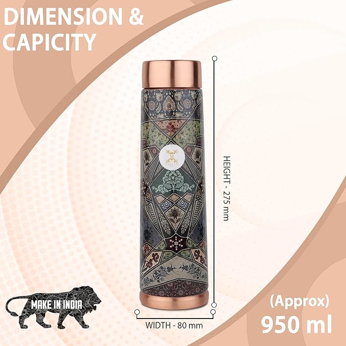Copper Water Bottle A Handmade Ayurvedic Enameled Print Pure Copper Water Bottle For Drinking - Increase Your Water Consumption, and Experience Immediate Health Benefits (ENAMELED PRINT 12)