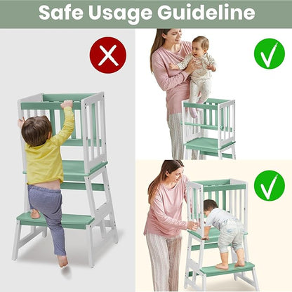 COSYLAND Kids Kitchen Step Stool, Toddler Standing Tower with CPC & FSC Certification, Removable Anti-Drop Railing Safety Rail Enjoys Unique Patented Design A Anti-tip Stable Structure Green & White