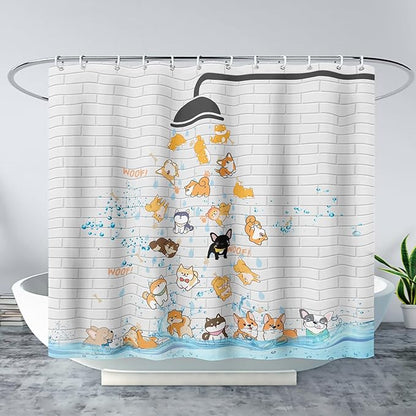 AILONEN Cute Corgi Shower Curtain for Kids 36" W*72" H Inch,Funny Dog Cartoon Corgi Animals Playing Water Shower Curtains,12 Pack Hooks Polyester Waterproof Fabric Decor for Bathroom Bathtub Panels