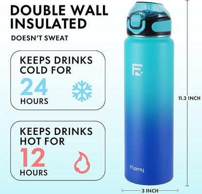 32 oz Insulated Water Bottle with Straw, Stainless Steel Metal Thermos Bottles, Durable Non-Slip Gradient Bottle with Strap for Sports and Travel, Leak Proof (Green Blue)