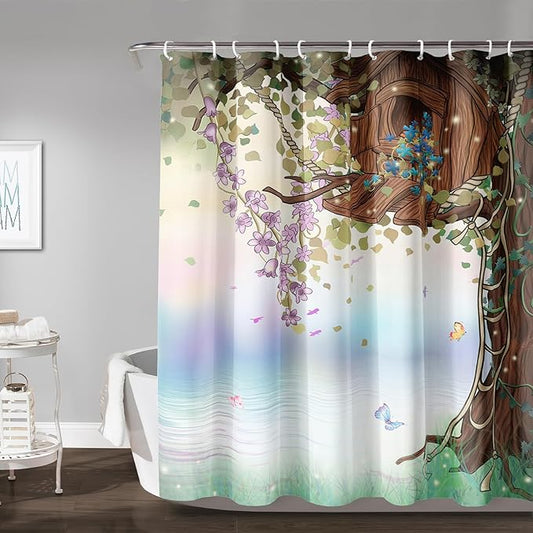AILONEN Yellow Tree Leaves Shower Curtain,Botanical Floral Plants Vine Shower Curtain,Butterfly Floral Shower Curtain for Bathroom Decor Polyester Waterproof with Grommets and Hooks 72" W*72" H