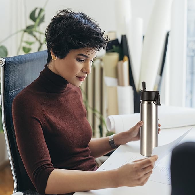 Volhoply 24oz Insulated Water Bottle With Straw Bulk 8 Pack,Metal Wide Mouth Water Bottles With Handle Lid Keep Cold,Reusable Double Wall Thermos,Powder Coated Sport Bottle For Holder(silver,8 count)