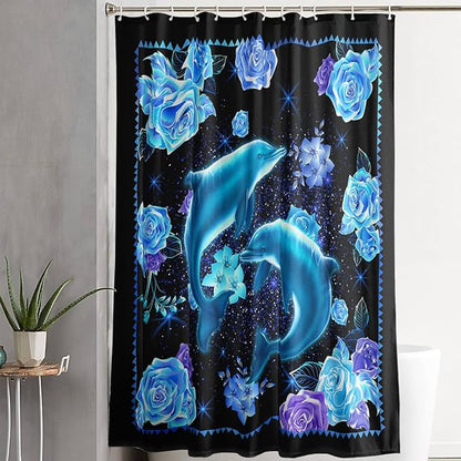AILONEN Catrtoon Dolphin Shower Curtain Bathroom 72" W*96" H Blue Dolphin Curtain Cloth Fabric Bathroom for Kids Girls,3D Blue Rose with Jumping Dolphins Shower Curtain Set