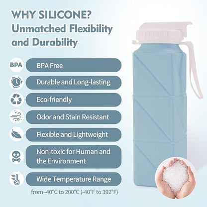 20 oz Water Bottle Collapsible | BPA Free Leakproof Lightweight Foldable Silicon Water Bottles | Twistable Water Cup | for Travel Gym Hiking Outdoor Camping Running Cycling Sports (Blue)