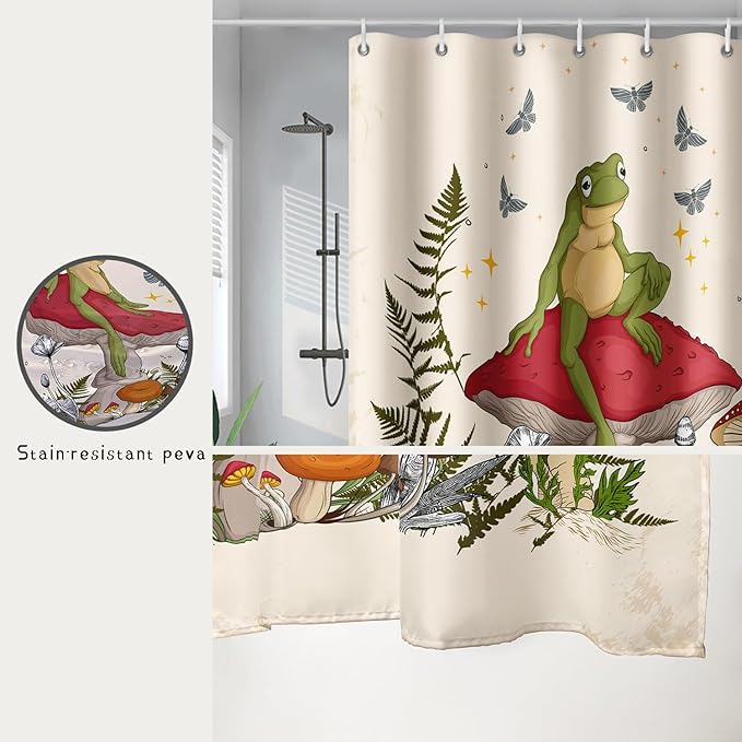 AILONEN Frog Mushroom Shower Curtain Cartoon Animal Wildlife Red Mushroom Boho Aesthetic Minimalist Modern Art Bathroom Decor 72" W*72" H Shower Curtains with 12 Hooks