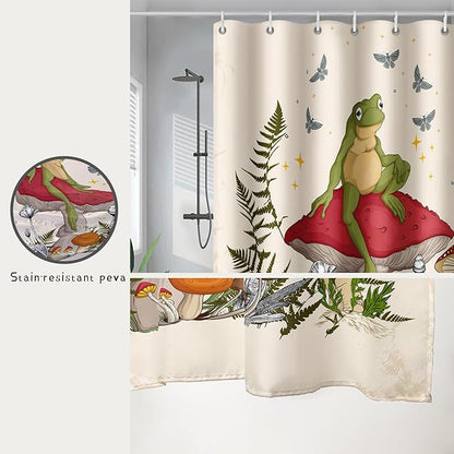 AILONEN Frog Mushroom Shower Curtain Cartoon Animal Wildlife Red Mushroom Boho Aesthetic Minimalist Modern Art Bathroom Decor 48" W*72" H Shower Curtains with 12 Hooks