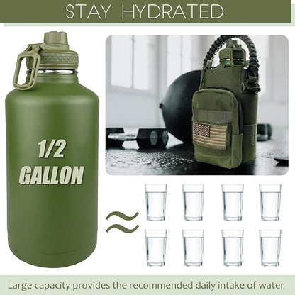 64 Oz Insulated Water Bottle with Sleeve (All Military Green) - Half Gallon Water Jug with Handle - Stainless Steel Sports Water Bottle for Gym Workout Hiking Tactical Bottle with Pouch