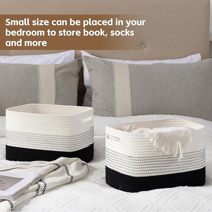 Cotton Rope Storage Basket, Woven Basket for Organizing, Rectangle Decorative Baskets for Shleves, Books, Toys, Towel Baskets for Bathroom - Pack of 3 (Gradient Dark)