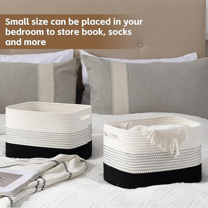 Cotton Rope Storage Basket, Woven Basket for Organizing, Rectangle Decorative Baskets for Shleves, Books, Toys, Towel Baskets for Bathroom - Pack of 3 (Gradient Dark)