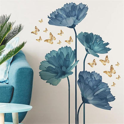 Waterproof Removable Vinyl Flowers Butterfly Wall Decal Wall Sticker Decorations Nursery Kidsroom School Classroom Livingroom Bedroom Bathroom Blue
