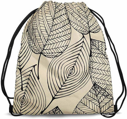 Drawstring Backpack Bag Black Texture Leaf Autumn Beige Seamless Stylized Leaf Pattern Lightweight Backpack Soccer Ball Bag Sutiable for Sports Beach Short Travel Stroage 14x16.9 Inch