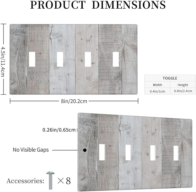 Rustic Grey Wood Shiplap Quad Toggle Light Switch Cover Decorative Vintage Country 4 Gang Wall Plate Electrical Faceplate Switchplate for Farmhouse Bathroom Bedroom Living Room Decor