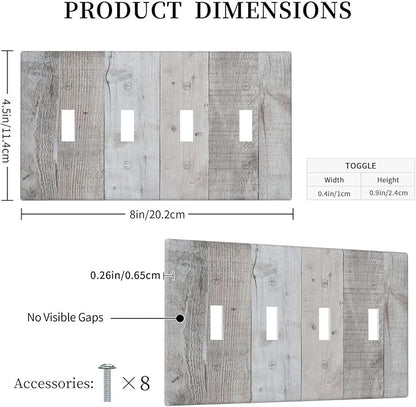 Rustic Grey Wood Shiplap Quad Toggle Light Switch Cover Decorative Vintage Country 4 Gang Wall Plate Electrical Faceplate Switchplate for Farmhouse Bathroom Bedroom Living Room Decor