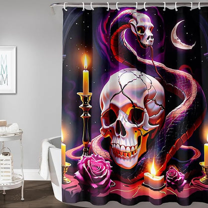 AILONEN Gothic Skull Shower Curtain for Bathroom,Terror Snake Skull Bath Curtain Decoration,Starry Skull Skeleton Print Waterproof Purple Curtain with 12 Plastic Hooks, 72" W*78" H