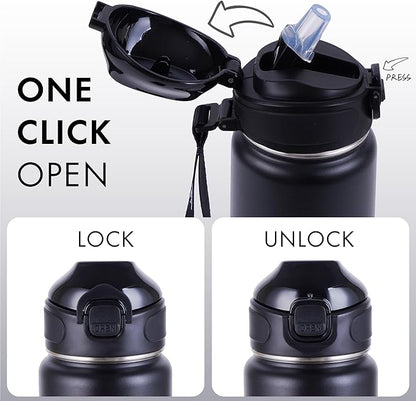 32 oz Insulated Water Bottle with Straw, Stainless Steel Metal Thermos Bottles, Durable Non-Slip Gradient Bottle with Strap for Sports and Travel, Leak Proof (Black Matte)