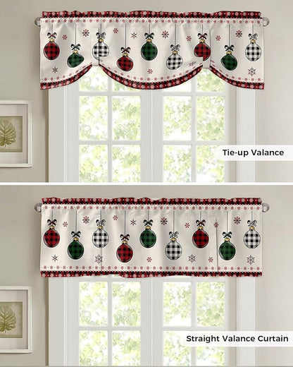 Christmas Blackout Tie Up Valance Curtains for Kitchen Windows Vintage Buffalo Plaid Christmas Balls Window Toppers Balloon Shades for Living Room/Bathroom/Bedroom,1 Panel,42" X 12" Farmhouse