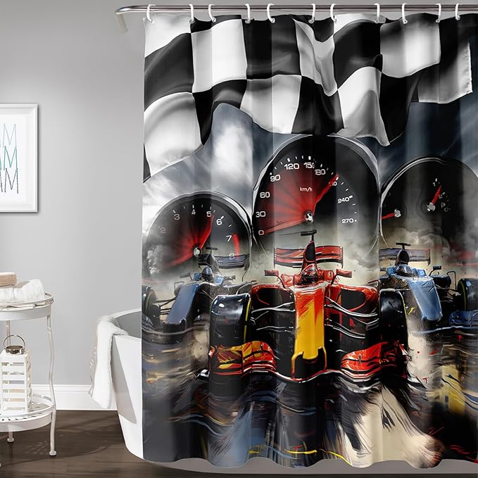 AILONEN Racing Car Shower Curtains,Checkered Speed Car Bath Curtains Gifts for Racer,Polyester Waterproof for Bathroom with 12 Plastic Hooks 60" W*72" H