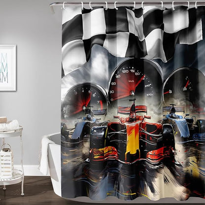 AILONEN Racing Car Shower Curtains,Checkered Speed Car Bath Curtains Gifts for Racer,Polyester Waterproof for Bathroom with 12 Plastic Hooks 72" W*84" H