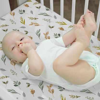 ACRABROS Crib Sheets for Girl Boy: Stretchy Baby Fitted Crib Mattress Sheets Sets 2 Pack Standard Size Ultra Soft Neutral, Rose&Leaf