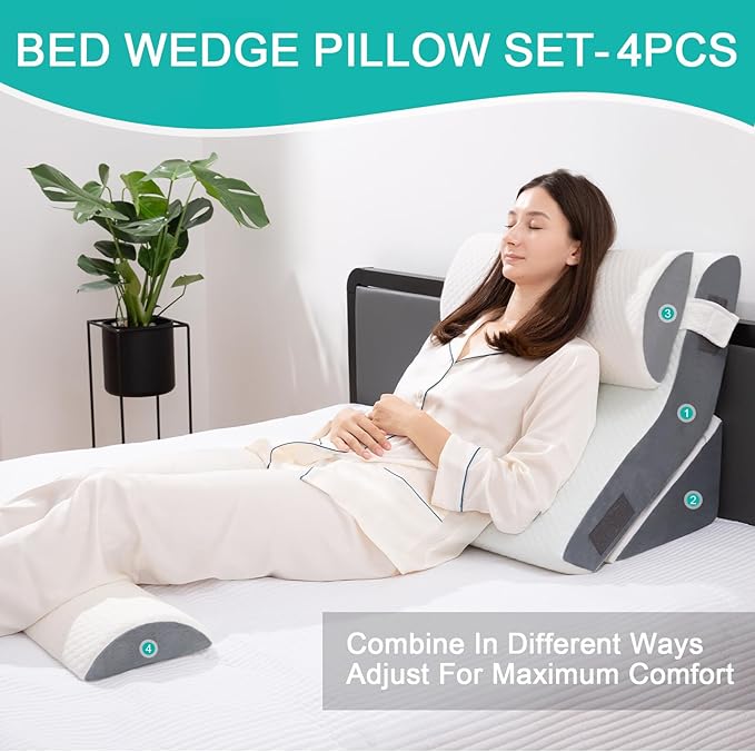 4PCS Bed Wedge Pillow for Sleeping or Back Pain Relief, Post Surgery Memory Foam Orthopedic Wedge Pillows for Back, Leg and Knee Support, Adjustable Bed Pillow