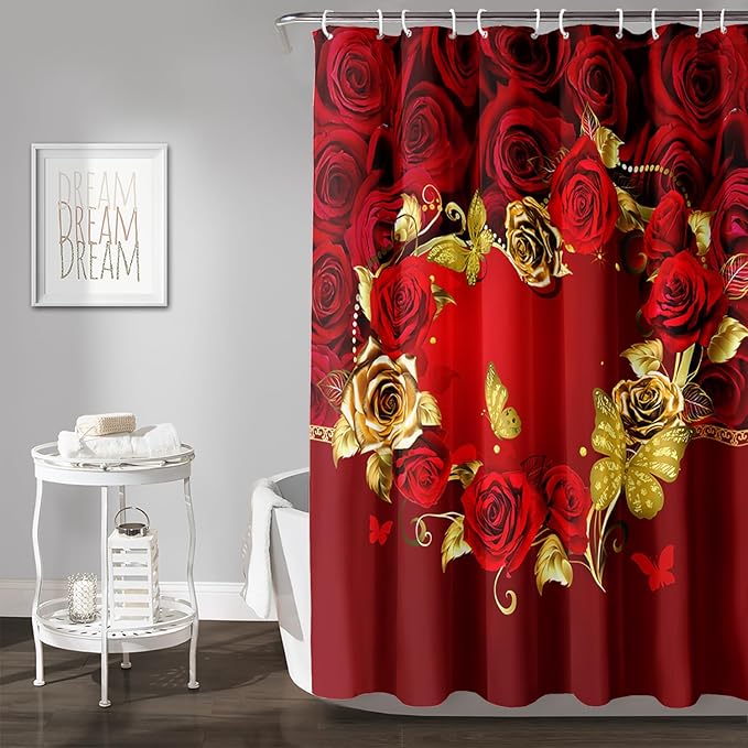 AILONEN Red Rose Couple Shower Curtain,Red and Gold Hearts Printed Bath Curtain,Modern Waterproof Luxury Rose Themed Bathroom Decor, 72" W x 72" H