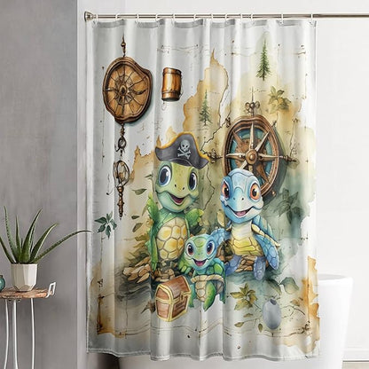 AILONEN Cartoon Sea Turtle Shower Curtain,Kawaii Turtle Bathroom Curtains for Kids,Girls,Nautical Compass Anchor Shower Curtains Set with Hooks for Bathroom,72" W*78" H