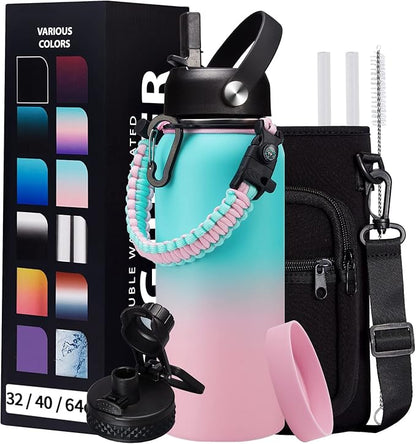 32oz Stainless Steel Water Bottle -w/Paracord Handle, Straw & Spout Lids, Bottle Sleeve, Reusable Metal Thermo Keep Cold-48h & Hot-24h, Wide Mouth Double-Wall Vacuum Flasks for Sports Fitness