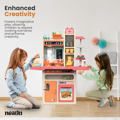 Kids Play Kitchen Set: 27.95 x 11.22 x 36.81 Inches, 65-Piece Toy Set, Functional Faucet, Steaming, Lights and Sound, Educational Toy with Kitchen Accessories, for Kids 3 and Up (Pink)