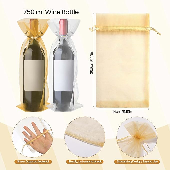 Megitzuu 20 Pieces Organza Wine Bags, 14.6 x 5.5 Inch Wine Gift Bag with Drawstring Sheer Mesh Wine Gift Pouches Bottle Covers for Halloween Christmas Wedding Party Favors (Gold+White)