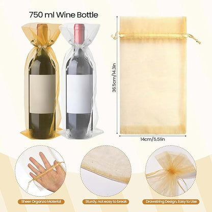Megitzuu 20 Pieces Organza Wine Bags, 14.6 x 5.5 Inch Wine Gift Bag with Drawstring Sheer Mesh Wine Gift Pouches Bottle Covers for Halloween Christmas Wedding Party Favors (Gold+White)