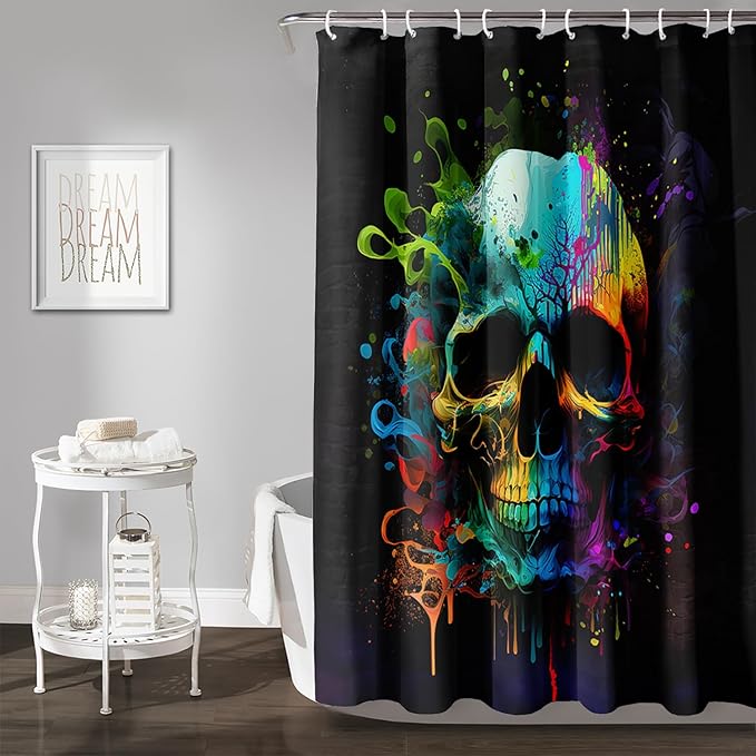 AILONEN Sugar Skull Shower Curtain for Bathroom,Watercolor Skull Bath Curtain Decoration,Minimalism Tie Dye Skeleton Print Waterproof Black Curtain with 12 Plastic Hooks, 72" W*96" H
