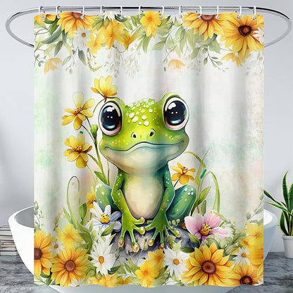 AILONEN Green Frog Shower Curtain,Cute Cartoon Frog Waterproof Fabric Shower Curtain for Bathroom,Beautiful Sunflower Kawaii Tree Frog Shower Curtain Set with Hooks for Kids Boys Girls,48" W*72" H